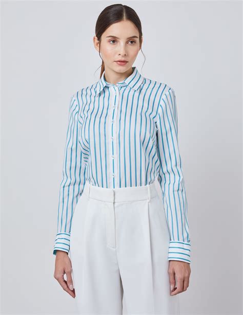 Women S Blue White Tonal Stripe Semi Fitted Shirt Single Cuff