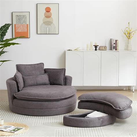 Yoglad Oversized Round Swivel Chair With Storage Ottoman Comfy Sherpa Barrel Accent