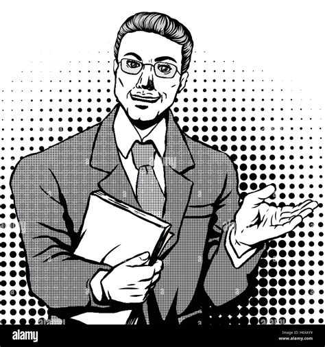 Retro Man Smiling With Files In His Right Hand Comic Book Style Speech