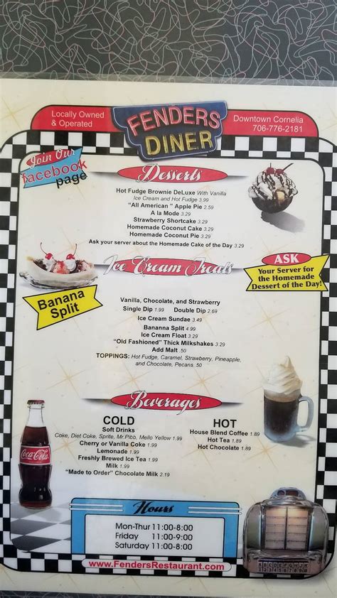 Menu at Fenders Diner restaurant, Cornelia