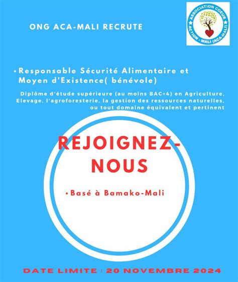 Ong Aca Recrute Responsable Securite Alimentaire Et Moyens D Existence