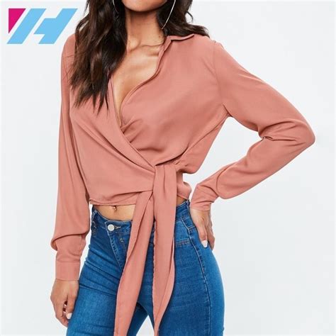 Hot Item Soem Silky V Ausschnitt Krawatte Taille Wrap Damen Top Bluse