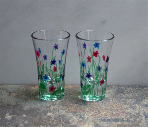 Flower Garden Exclusive Design Set Of 6 Hand Painted Shot Glasses Purple Pink Blue Choose