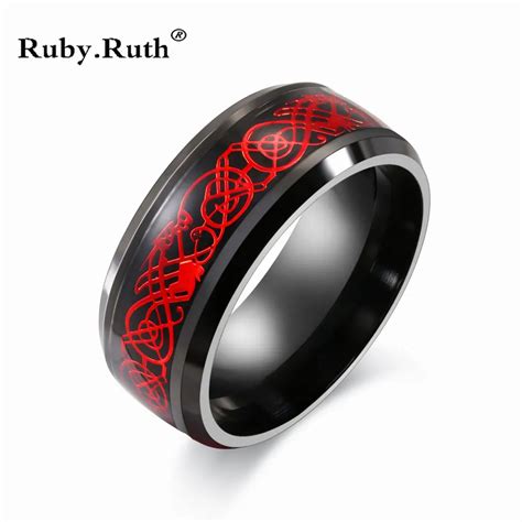 Anillo de acero inoxidable negro para hombre y mujer Dragón Rojo