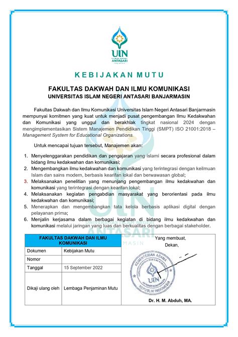 Kebijakan Mutu Fakultas Dakwah Dan Ilmu Komunikasi Fakultas Dakwah