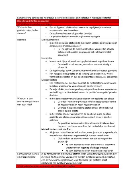 Samenvatting Scheikunde Hoofdstuk 3 Stoffen En Reacties En Hoofdstuk 4