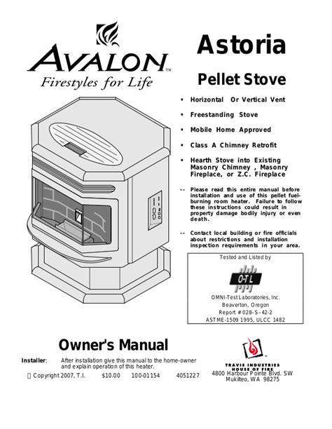 Avalon Stoves Avalon Pellet Stove Astoria Ps User Manual