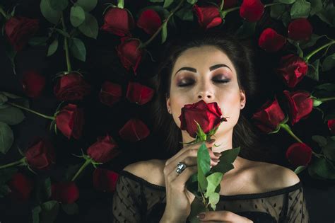 Download Red Flower Lying Down Brunette Red Rose Rose Flower Woman Mood