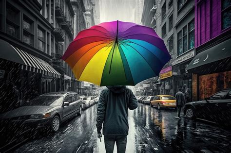 Premium Ai Image Rainbow Umbrella In Hand Walking Through Bustling