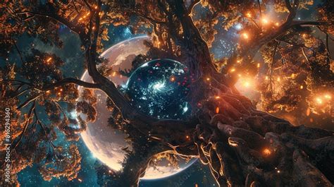 Cosmic tree with celestial orbs - A visually stunning cosmic tree with glowing orbs and galaxies ...