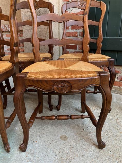 Set Of 5 Antique French Country Carved Oak Ladder Back Dining Chair