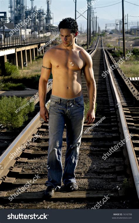 Shirtless Muscular Man Walking Down Train Stock Photo 1616708