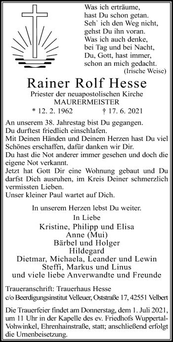 Traueranzeigen Von Rainer Rolf Hesse Trauer Und Gedenken