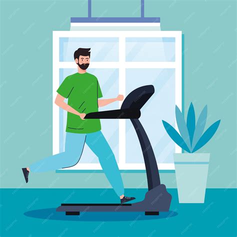 Premium Vector | Exercise at home, man running on treadmill, using the