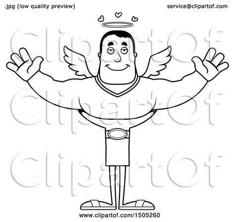 Clipart Of A Black And White Buff Male Angel With Open Arms Royalty