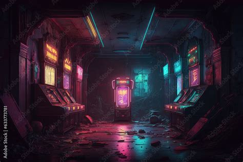 A deserted arcade, neon lights flickering and casting an eerie glow on ...