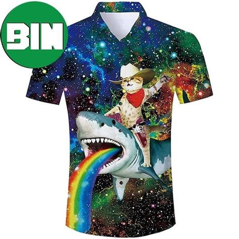 Space Cat Riding Shark Funny Summer Hawaiian Shirt Binteez