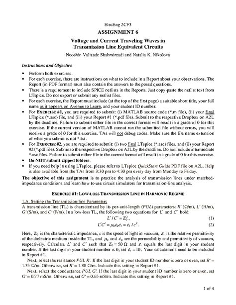 ElecEng 2CF3 Assignment 6: Analyzing Voltage & Current Waves in TLs