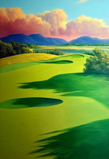 Premium Photo Painting Of A Golf Course With A Green And A Red Sky