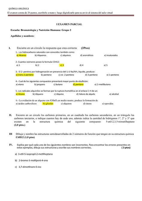 I Examen Parcial Bromatología Grupo 2 QUÍMICA ORGÁNICA El examen