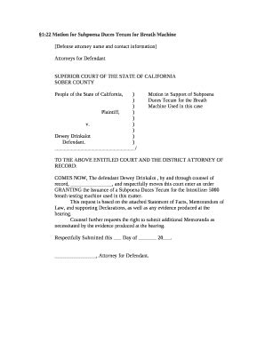 Motion For Subpoena Duces Tecum For Breath Machine Doc Template