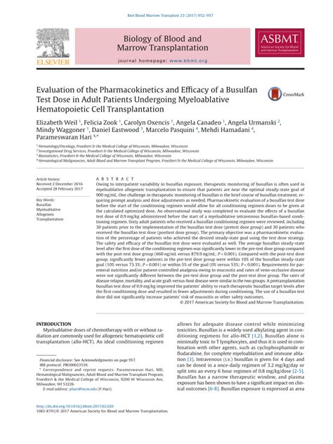 (PDF) Evaluation of the Pharmacokinetics and Efficacy of a Busulfan Test Dose in Adult Patients ...