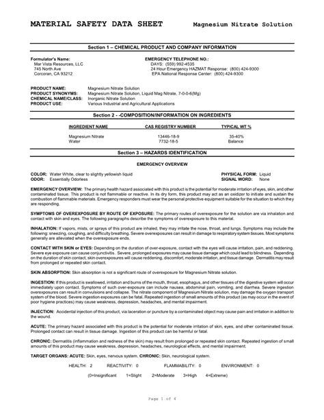 MATERIAL SAFETY DATA SHEET Magnesium Nitrate Solution - DocsLib