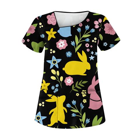 Knosfe Easter Scrub Tops For Women Easter Day Short Sleeve Rabbit Easter Scrubs Women Bunny Egg