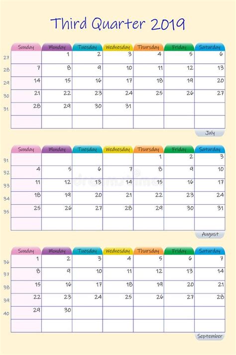 Vertical Calendar For Fourth Quarter Of 2019 Year In Orange Color Stock