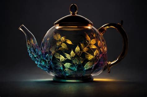 Premium Ai Image Brightly Colored Glass Teapot With A Gold Lid And