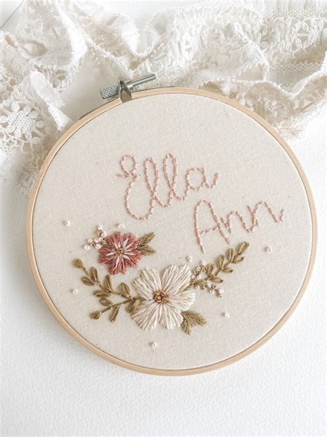 Custom Name Floral Embroidery Hoop Modern Embroidery Hoop Etsy