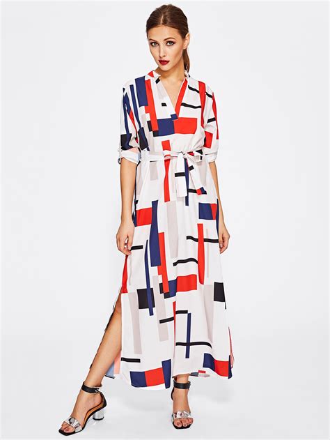 Shop Geo Print V Neckline Tie Waist Shirt Dress Online SheIn Offers