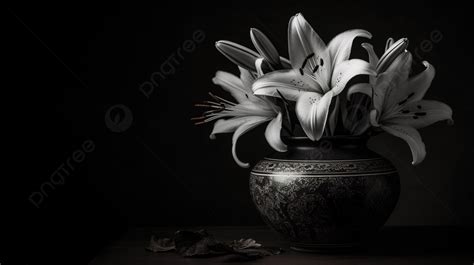 Foto Hitam Putih Vas Tua Dengan Bunga Lili, Warna Bunga Ikebana Segar ...