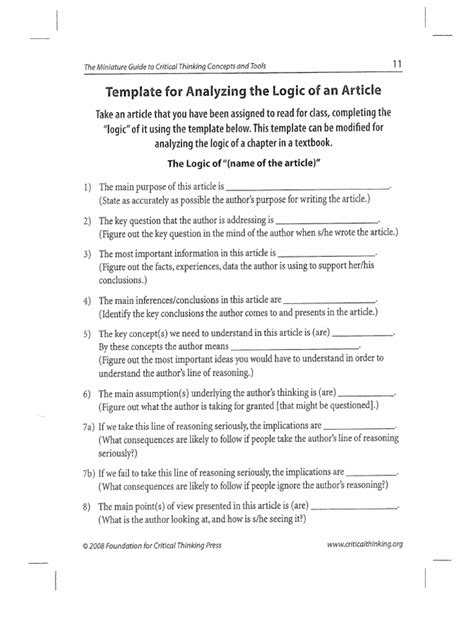 Critical Thinking Template Analyzing The Logic Of An Article