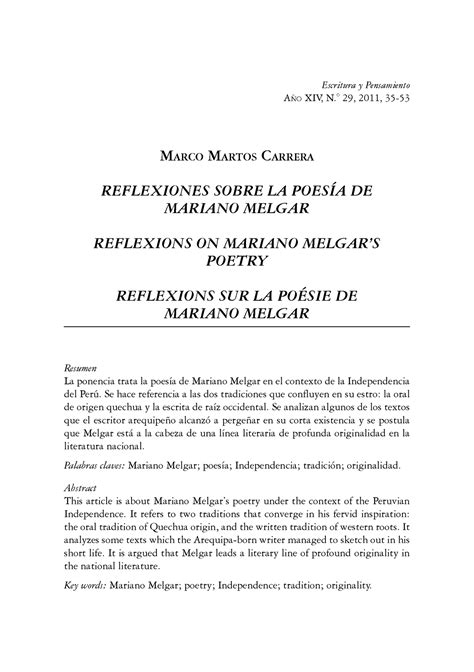 Reflexiones De La Poesia De Mariano Melgar ReflexioneS Sobre La