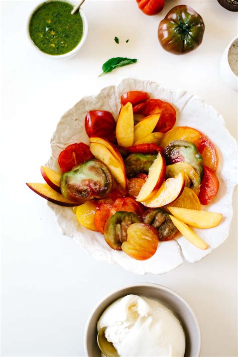 Heirloom Tomato Nectarine Burrata Caprese Salad With Pistachio Pesto