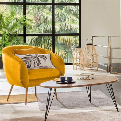 Fauteuil Velours Plisse Ocre Jaune Solaro Atmosphera