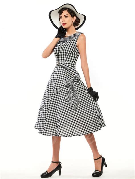 Round Neck Plaid Sleeveless Bowknot Women S Vintage Dress Womens Vintage Dresses Vintage