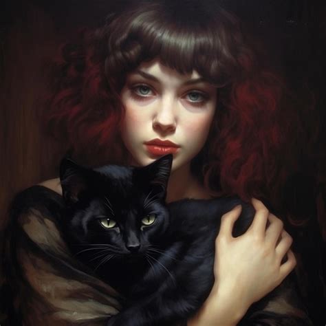 Premium Ai Image A Painting Of A Woman Holding A Black Cat With A