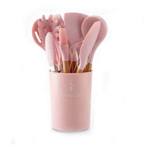 11piece Pink Silicone Kitchen Utensil Set With Wooden Spatula Tongs Utensílios De Cozinha De