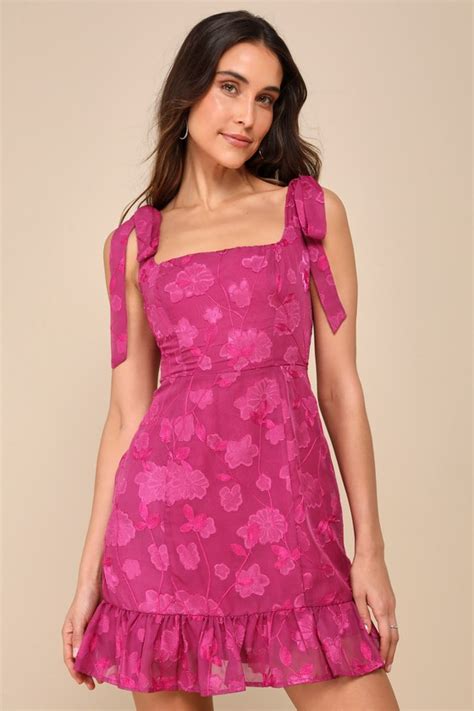 Magenta Floral Mini Dress Embroidered Dress Tie Strap Dress Lulus