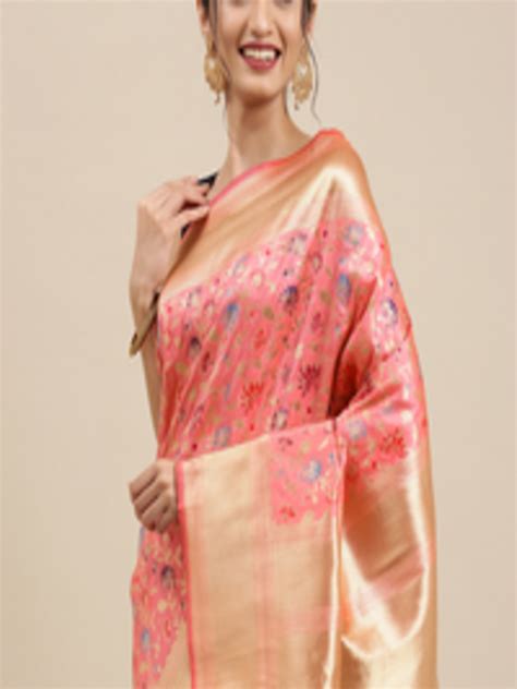 Buy Mitera Peach Coloured Golden Ethnic Motifs Zari Silk Blend