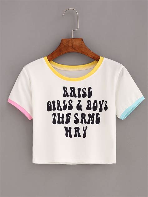 Contrast Trim Letter Print Crop T Shirt White Shirt Print Design