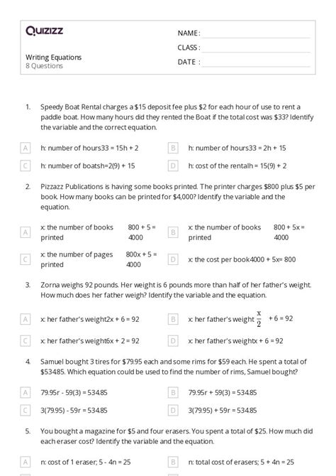 50 Writing Equations Worksheets For 6th Class On Quizizz Free