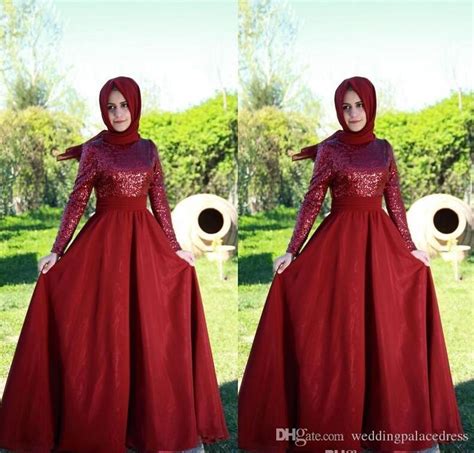 Said Mhamad Muslim Red Sequined Evening Dresses Long Sleeves Jewel High