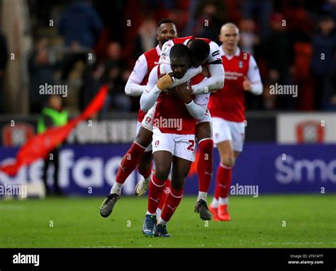 Rotherham United S Christ Tiehi Bottom Celebrates With Hakeem Odoffin