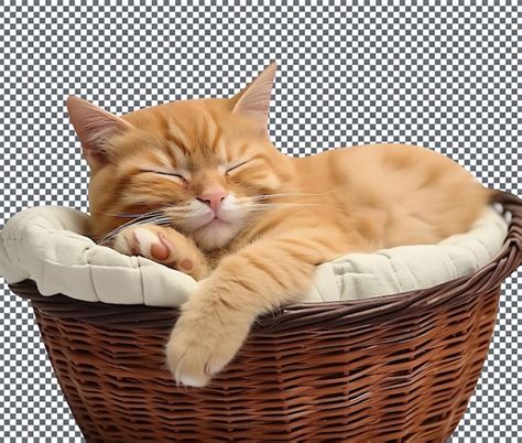 Premium PSD Cute Cat Sleeping In Basket Isolated On Transparent