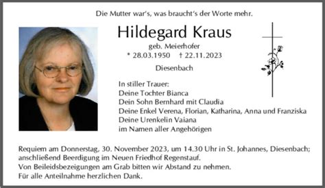 Traueranzeigen Von Hildegard Kraus Mittelbayerische Trauer