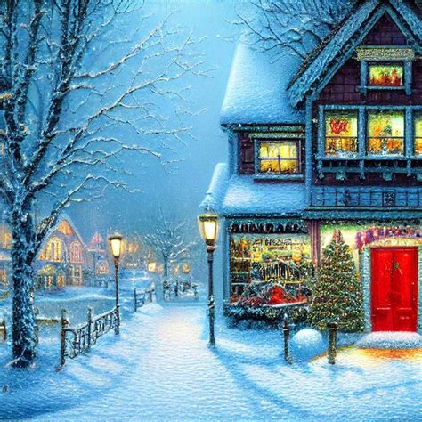 A Painting Of A Christmas Scene With A Red Door