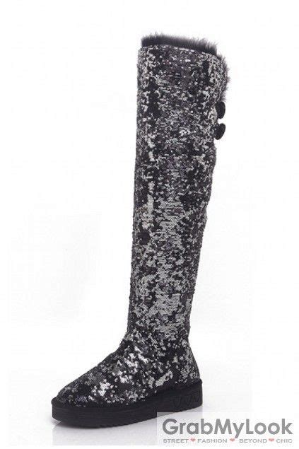 Knee Length Sequined Glitter Long Flat Boots Womens Fashion Shoes